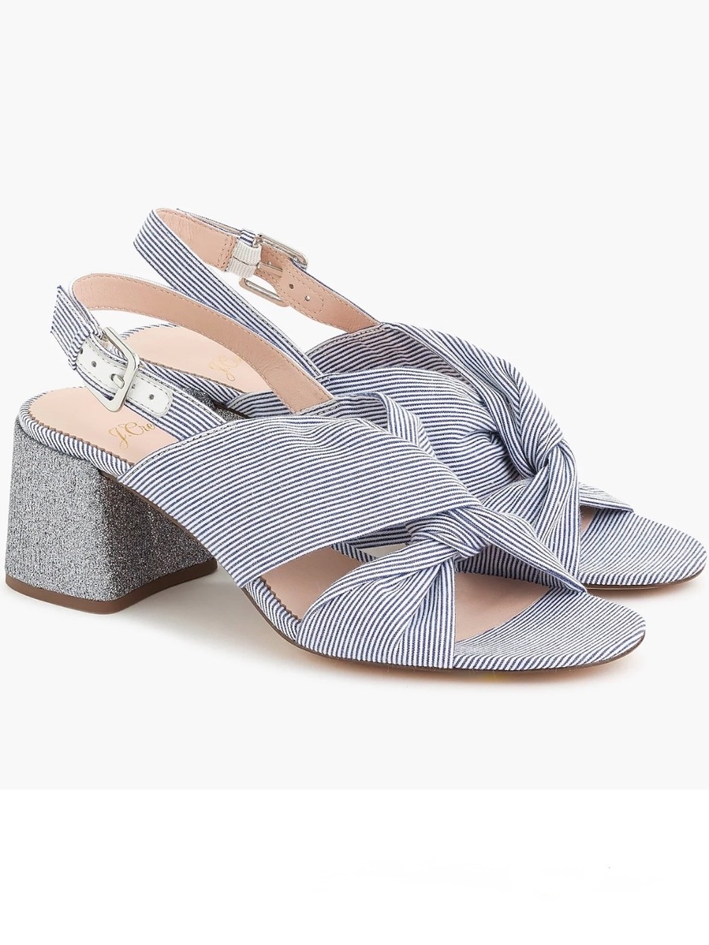 J. Crew Twisted-knot Penny sandals in stripe with glitter heel